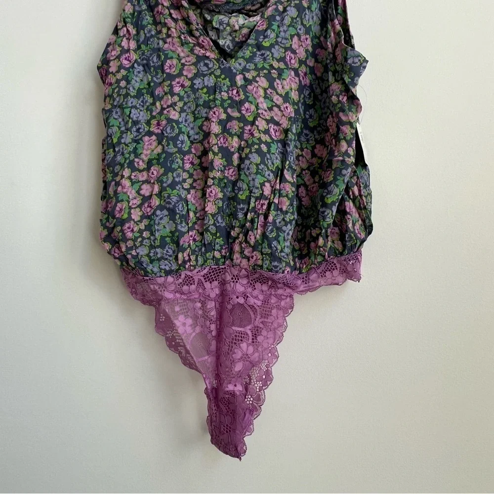 NWT Free People Bare It All Bodysuit Chambray Combo Floral Draped Boho top